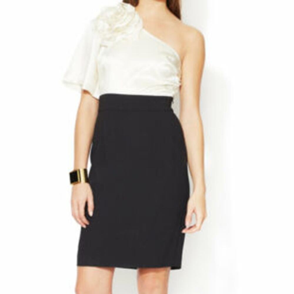 Trina Turk Cocktail Dress Sheath Silk One Shoulder Floral Applique Ivory Black 4